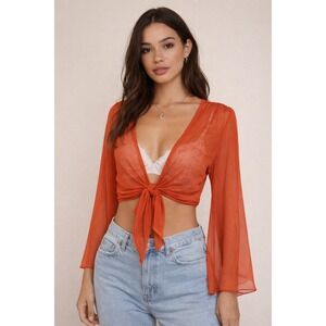 Millau + Violet Sheer Mesh Tie Front Top Orange Bell Sleeve Y2K Fairy Boho S/M